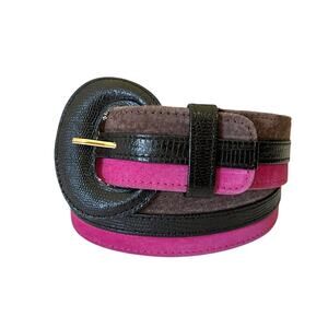 Vintage Jaeger Mod Striped Pink Brown Suede Black Leather Wide Belt - Size 30"